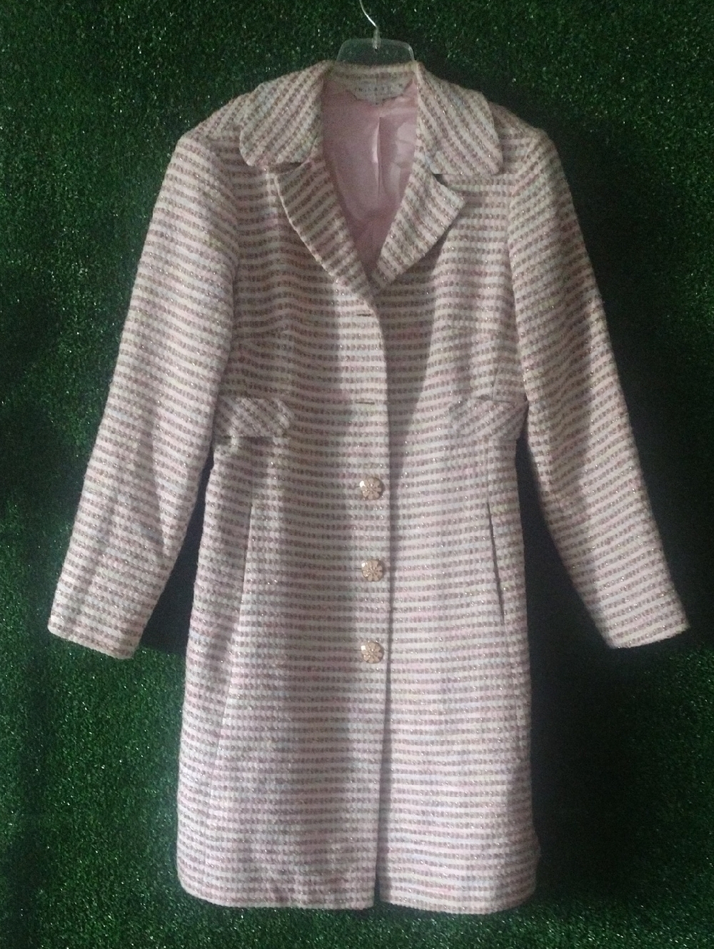 Trina Turk Pink Striped Long Wool-Blend Trench Coat